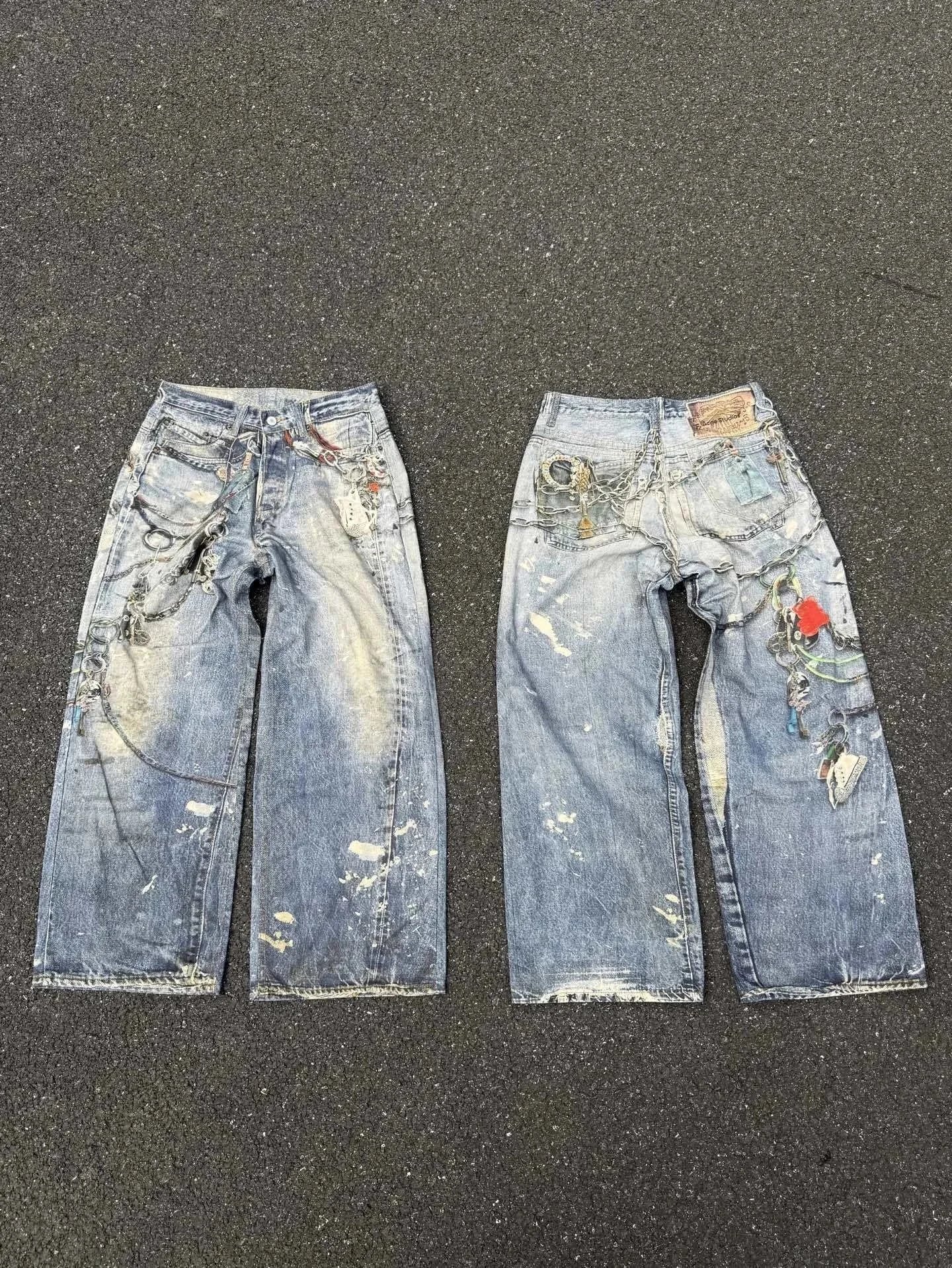 Customized Distressed Denim Jeans with Chain Embellishments Blue Jeans - 1