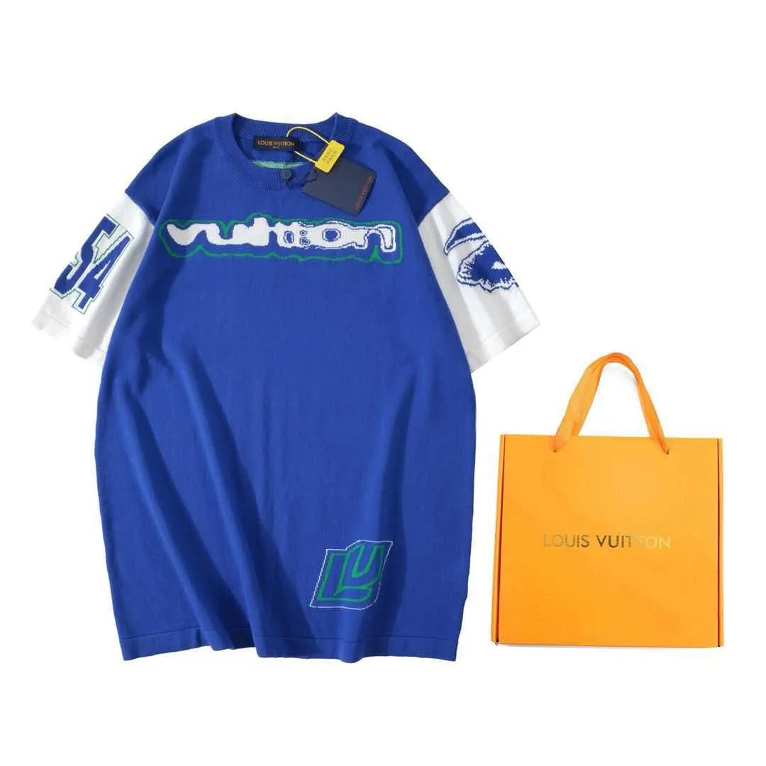 1V 2023 New Blue and White Color Block Short Sleeve Knit Top