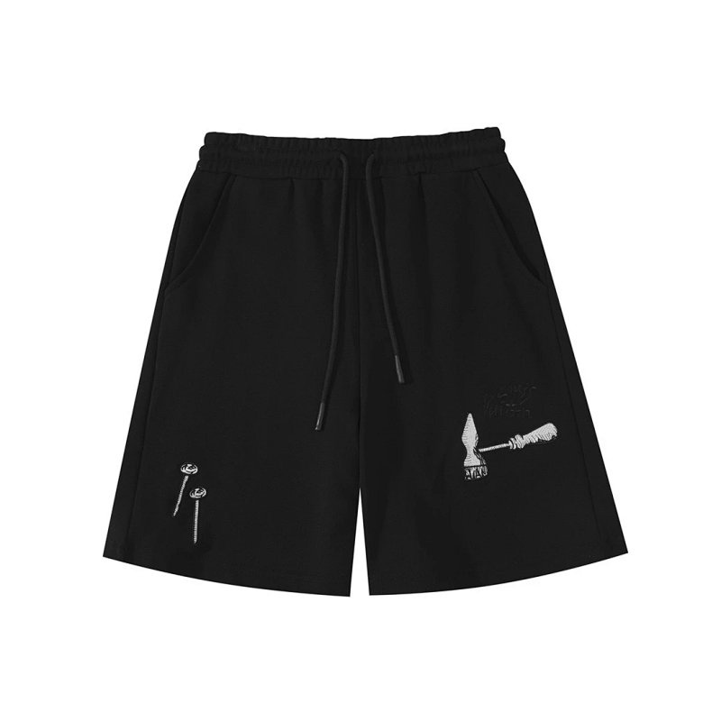 Embroidered Tool Motif Black Drawstring Shorts