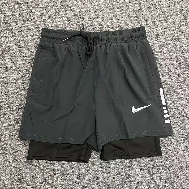 Nike Shorts Double-layer running with zip pockets and reflective graphic print — 12 small white hooks, side white stripes, double-layer – gray
