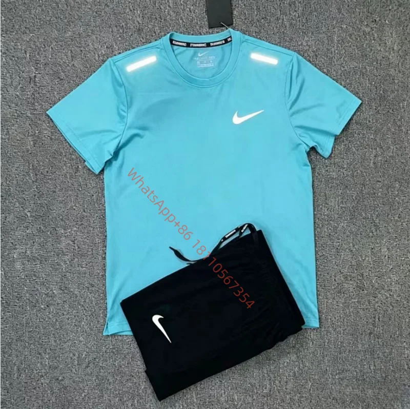 NIKE-Blue Short-Sleeve Shirt + Black Shorts