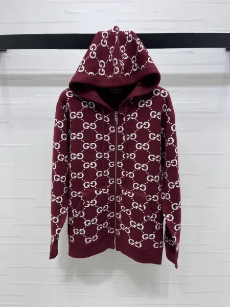 Gucci GG Pattern Lined Hoodie Burgundy - 11