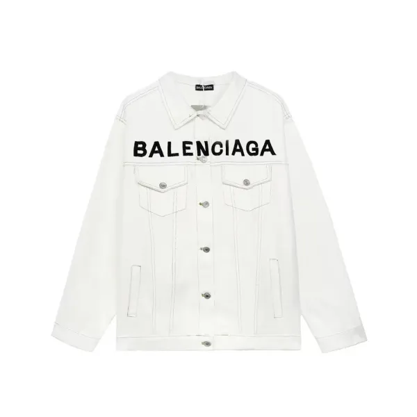 Balenciaga Logo-Embroidered White Denim Jacket - 1