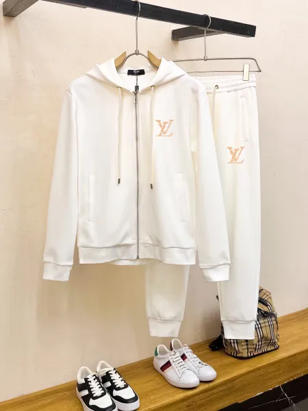 Louis Vuitton Monogram Embroidered White Hoodie and Sweatpants Set - 1