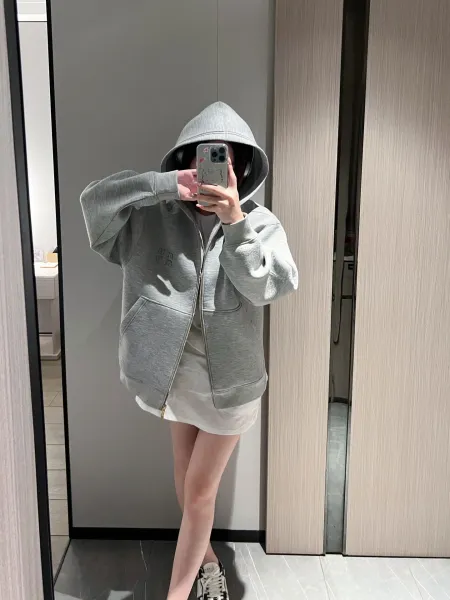 Miu Miu Embroidered Zip-Up Hoodie Gray - 16