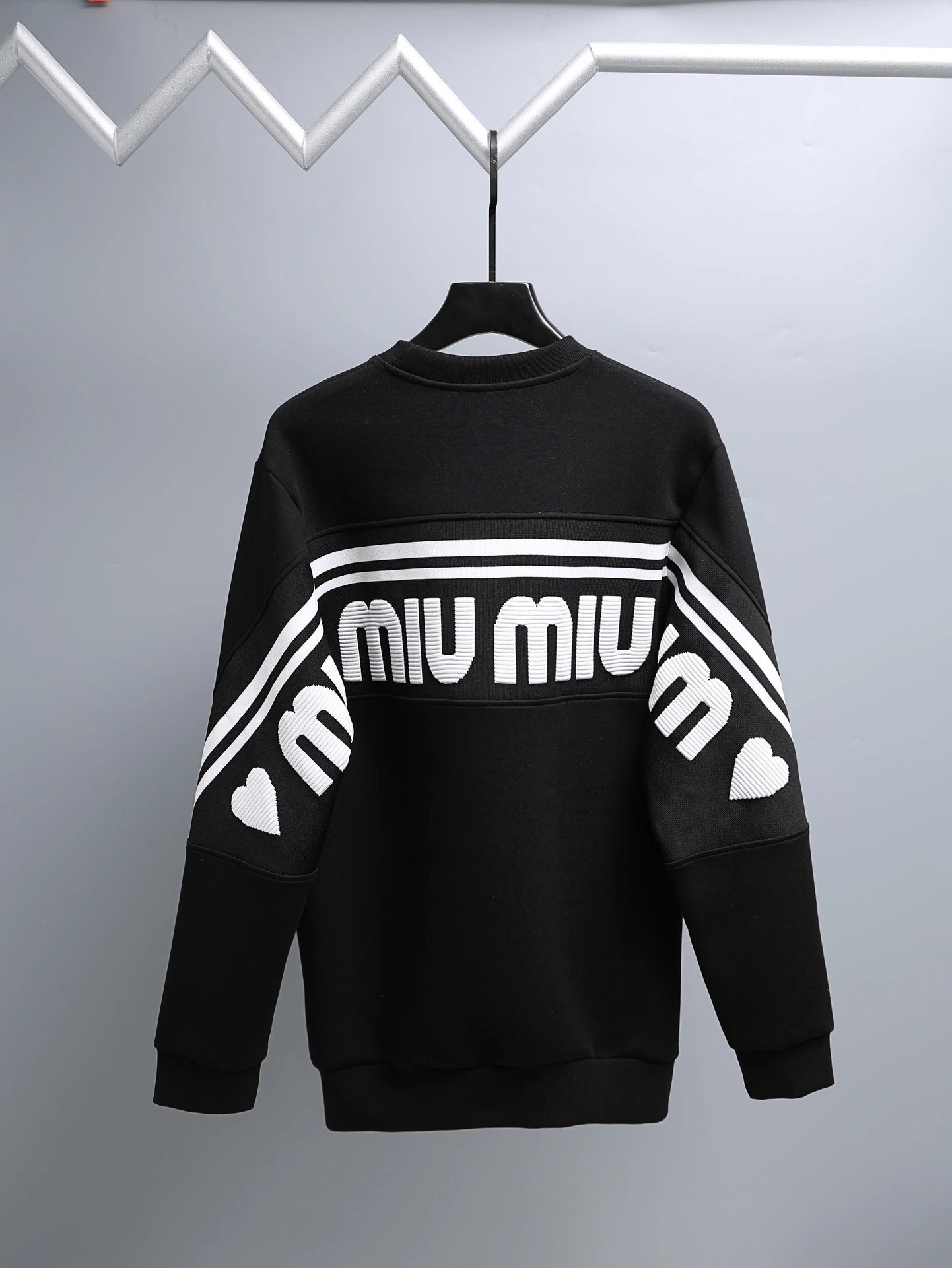 Miu Miu Logo-Embellished Black Sweatshirt with Stripe Sleeves Hoodie - 3