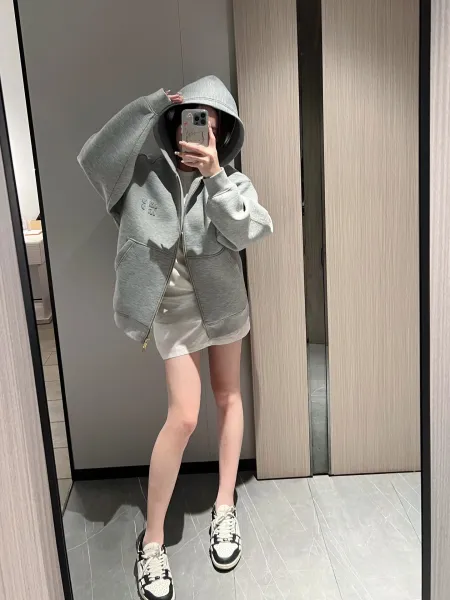 Miu Miu Embroidered Zip-Up Hoodie Gray - 15