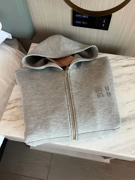 Miu Miu Embroidered Zip-Up Hoodie Gray - 12
