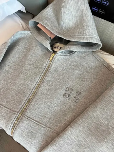 Miu Miu Embroidered Zip-Up Hoodie Gray - 13