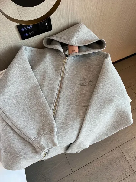 Miu Miu Embroidered Zip-Up Hoodie Gray - 14