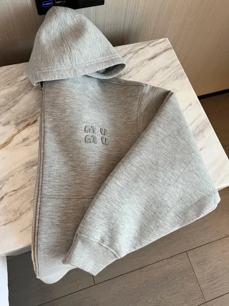 Miu Miu Embroidered Zip-Up Hoodie Gray - 7