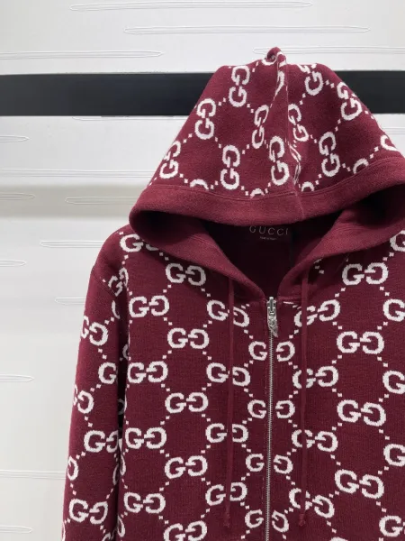 Gucci GG Pattern Lined Hoodie Burgundy - 14