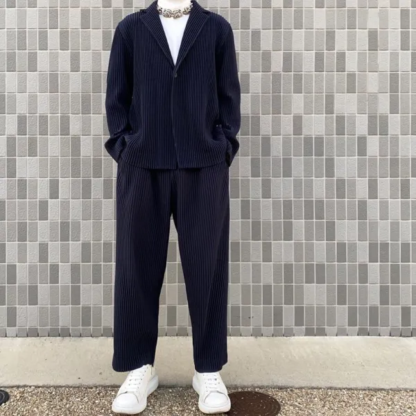 Design Pleated Navy Two-Piece Set with White Tee and Chunky Sneakers - 1