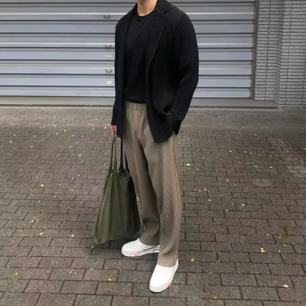 Design Pleated Ribbed Blazer Black + Beige Tapered Pants + White Sneakers Outfit Outerwear - 1