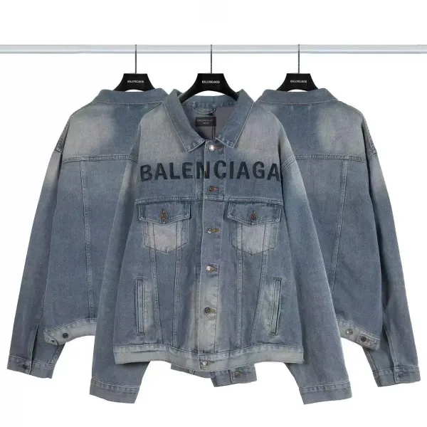 Balenciaga Logo Print Distressed Denim Jacket Light Blue - 1