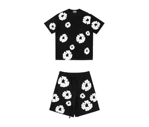Off-White Floral Print Black T-Shirt and Shorts Set - 1