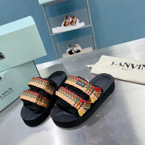 Lanvin Suicote Multicolor Chevron-Print Platform Slide Sandals Slippers - 4