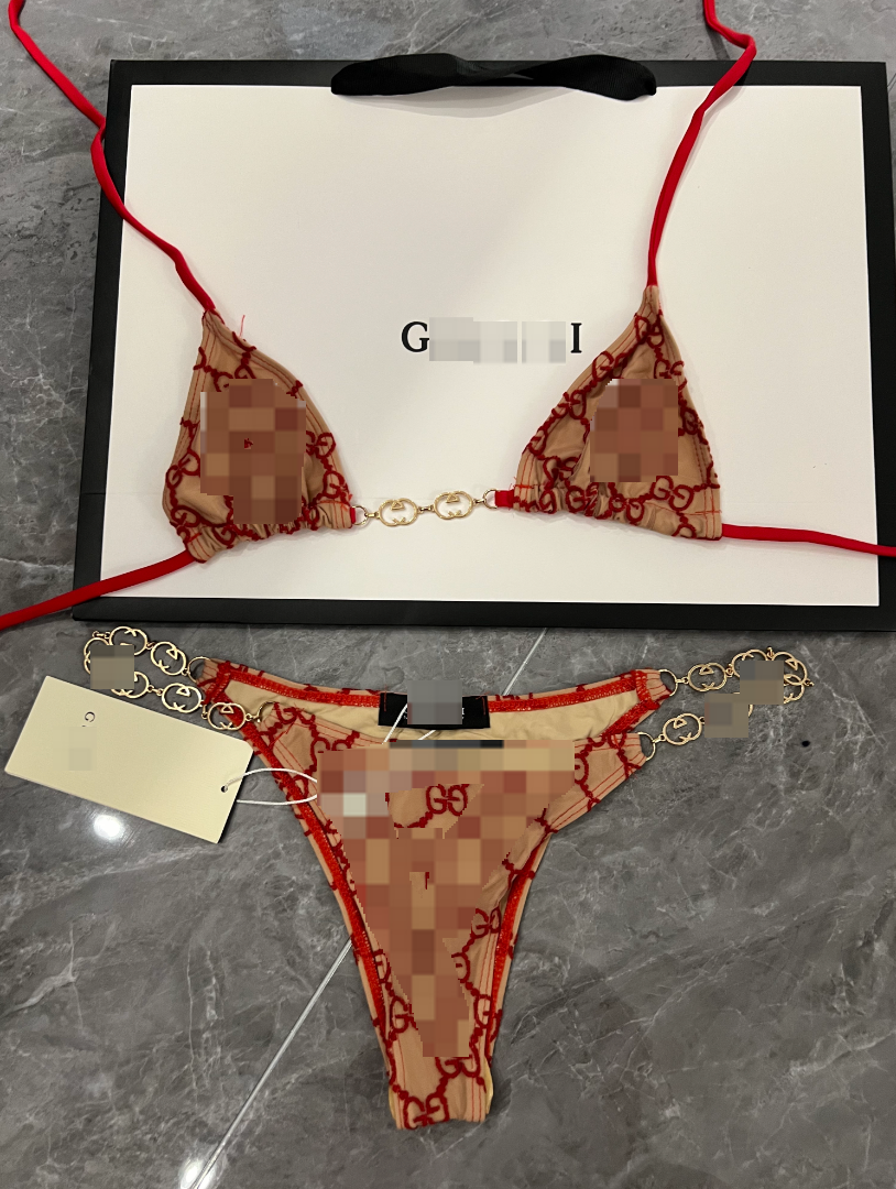 Gucci GG Chain Lace Triangle Bikini Set Beige Black Underwear - 2