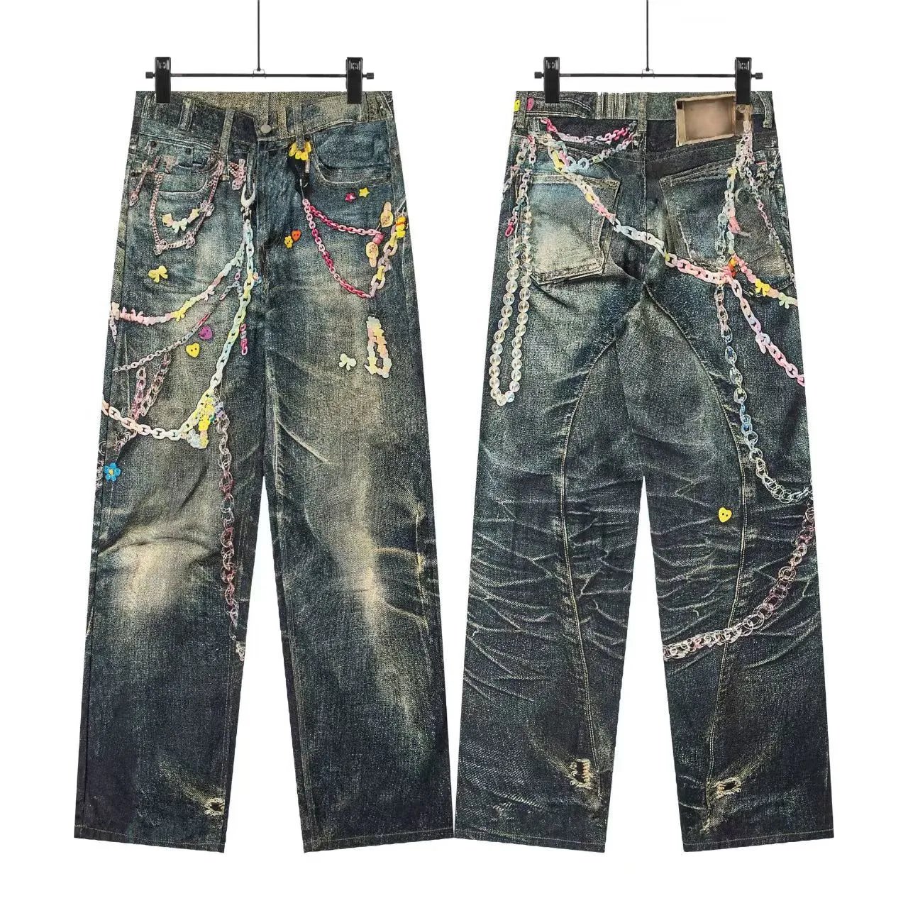 Gallery Dept x Custom Chain-Embellished Distressed Wide-Leg Jeans - 1
