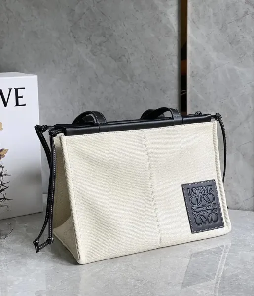Loewe Puzzle Tote Bag Beige Canvas with Black Leather Trim - 1