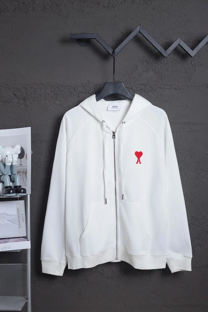 White Zip-Up Hoodie with Red Heart Logo