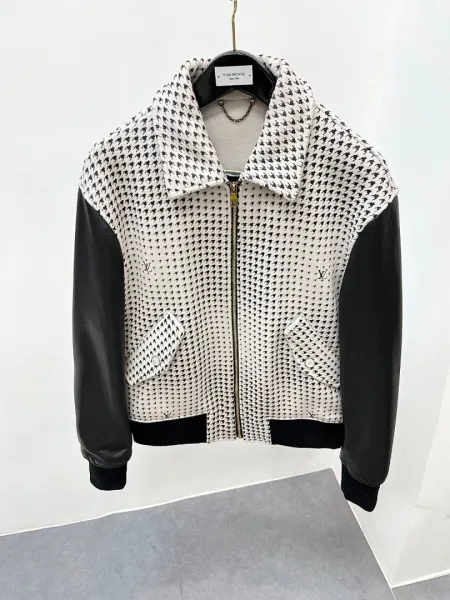Louis Vuitton Houndstooth Leather Sleeve Bomber Jacket White Black - 1