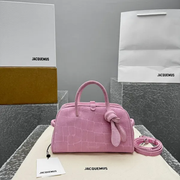 Jacquemus Le Chiquito Pink Croc-Embossed Suede Boston Bag Handbags - 1