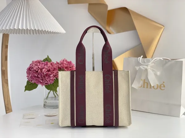 Chloé Tote Bag in Beige Canvas with Burgundy Logo Straps - 1