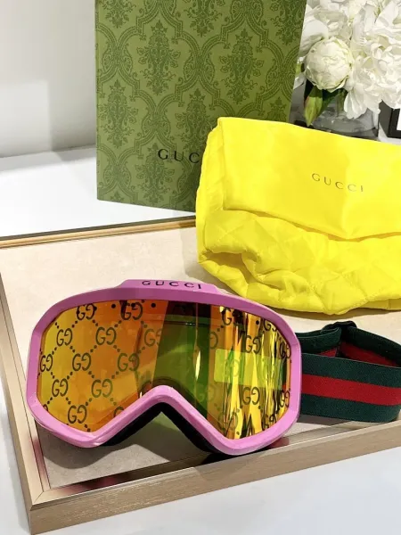 Gucci Ski Goggles Pink Frame with GG Monogram Lens and Web Strap Eyewear - 1