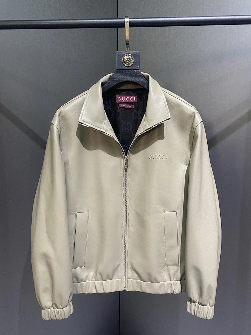 Gucci Leather Bomber Jacket Beige