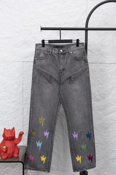 Design Lightning Patch Denim Jeans Gray - 1