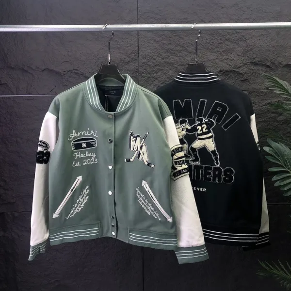 Amiri Hockey Varsity Jacket Sage Green and Black Outerwear Jacket - 1