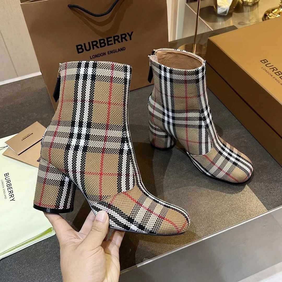 Burberry Ankle Boots Block Heel Vintage Check Canvas