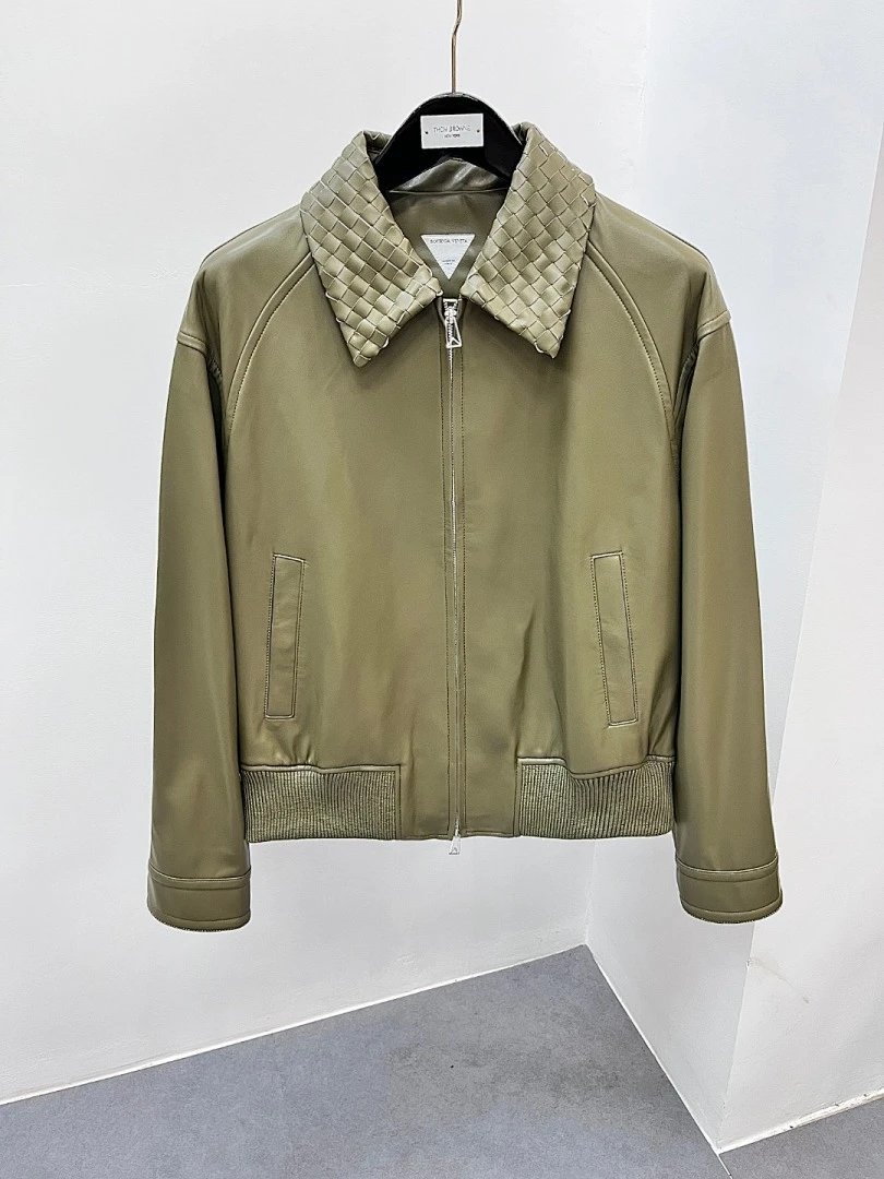 Bottega Veneta Intrecciato Collar Leather Bomber Jacket Olive Green