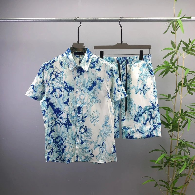 Design Blue Floral Print Short-Sleeve Shirt and Shorts Set - 1