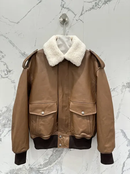 Design Bomber Jacket Tan Shearling Collar Leather Jacket - 1
