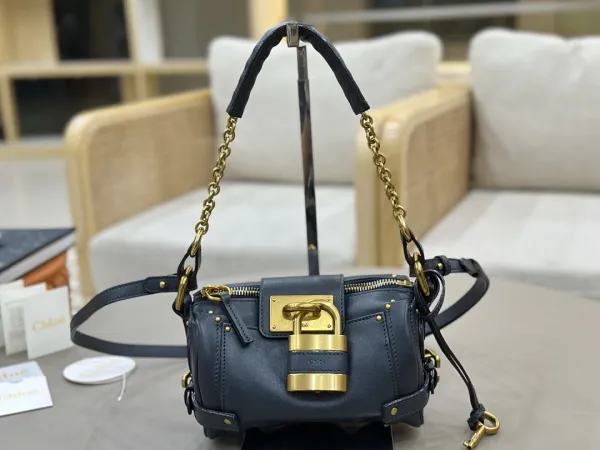 Chloé Padlock Mini Shoulder Bag Navy Blue Leather with Gold Hardware - 1