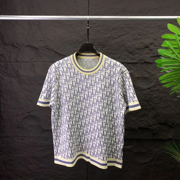 Dior Oblique Monogram Knit T-Shirt White with Navy and Yellow Trim - 1