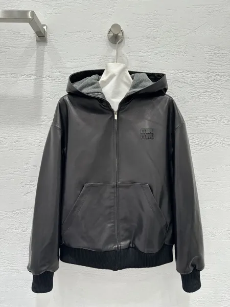 Miu Miu Leather Hooded Jacket Black - 1
