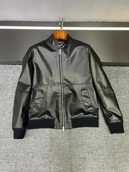Design Black Glossy Leather Bomber Jacket - 1