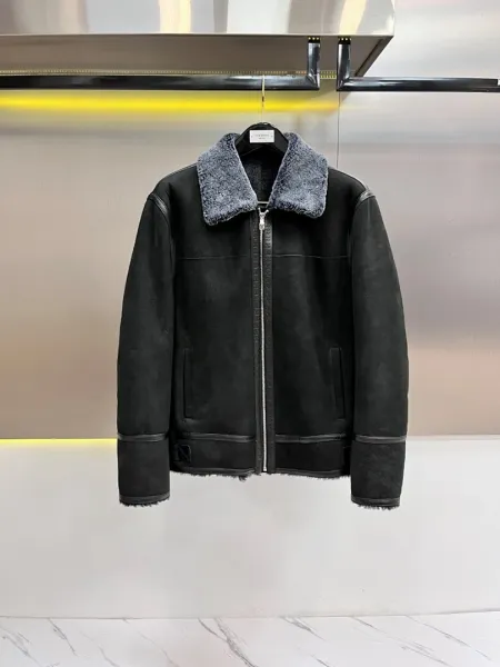 Design Shearling Collar Suede Aviator Jacket Black Outerwear.jacket - 1