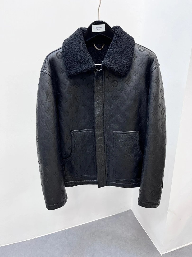 Louis Vuitton Monogram Shearling Collar Leather Jacket Black