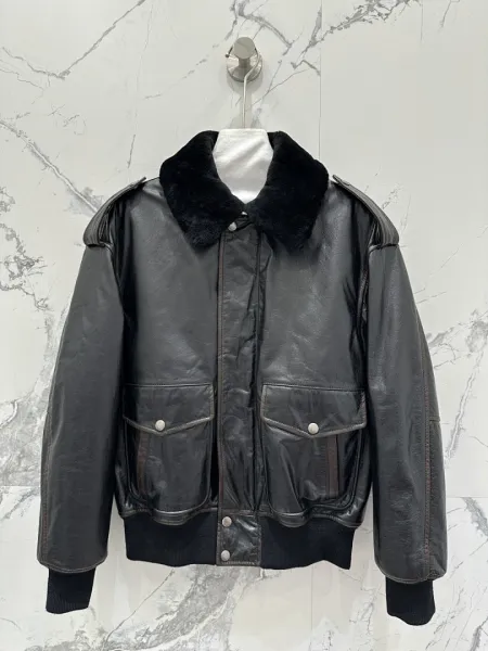 Design Leather Jacket with Ruched Hem and Flap Pockets Black - 9