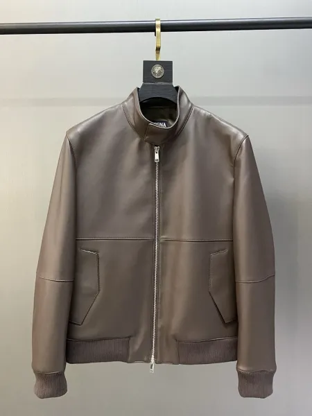 Design Leather Bomber Jacket Taupe Brown - 1