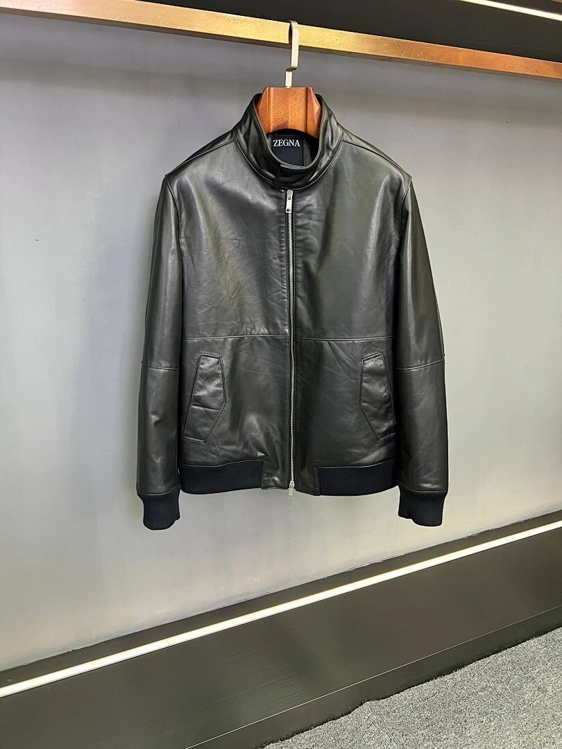 Zegna Leather Bomber Jacket Black