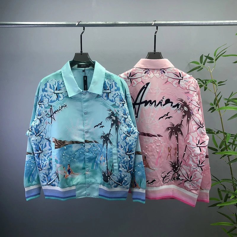 Amiri Tropical Print Satin Coach Jacket in Aqua and Pink Outerwear