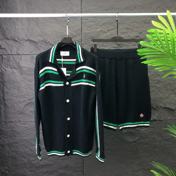 Design Knit Cardigan and Shorts Set Black Green White Striped - 1