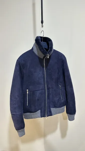Design Suede Bomber Jacket with Ribbed Knit Trim Navy Blue Outerwear - 1