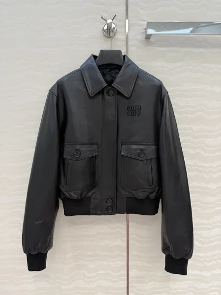 Miu Miu Leather Bomber Jacket Black - 1