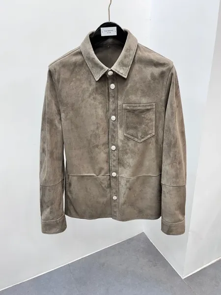 Thom Browne Suede Shirt Jacket in Taupe Outerwear - 1